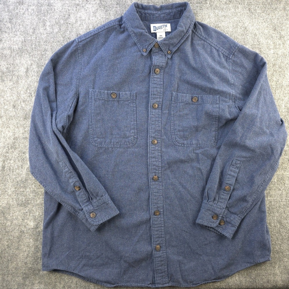 Duluth Flannel Shirt 2XL Slim Fit Blue Solid Button Down 2 Chest Pockets Outdoor